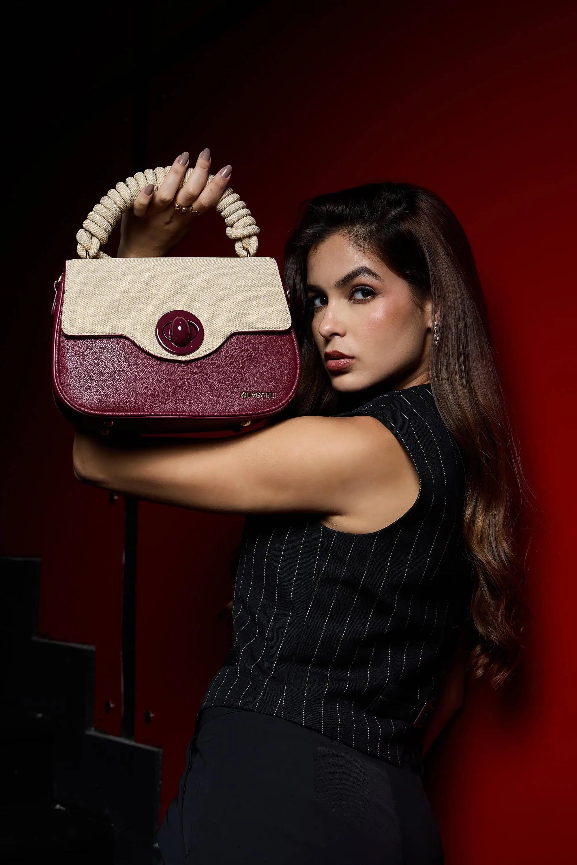 Bagabu Luxe Rope Handle Satchel Bag with Wallet (Burgundy)
