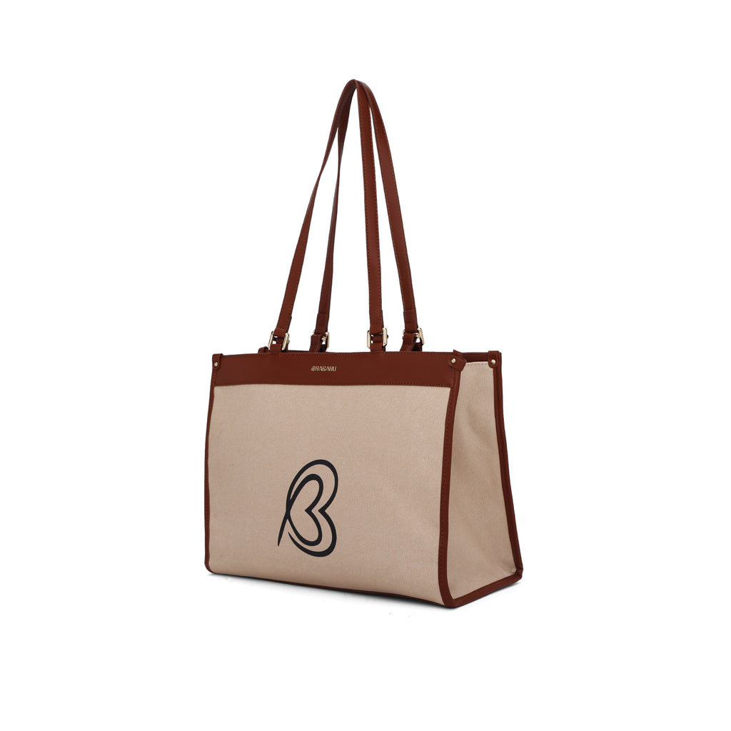 Carryall Spacious Linen Fabric Handbag (Beige & Brown)