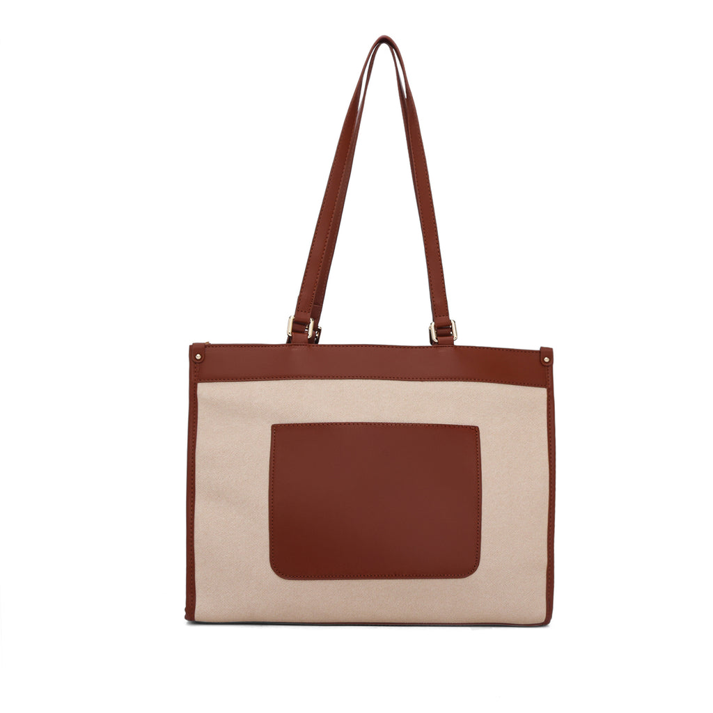 Carryall Spacious Linen Fabric Handbag (Beige & Brown)