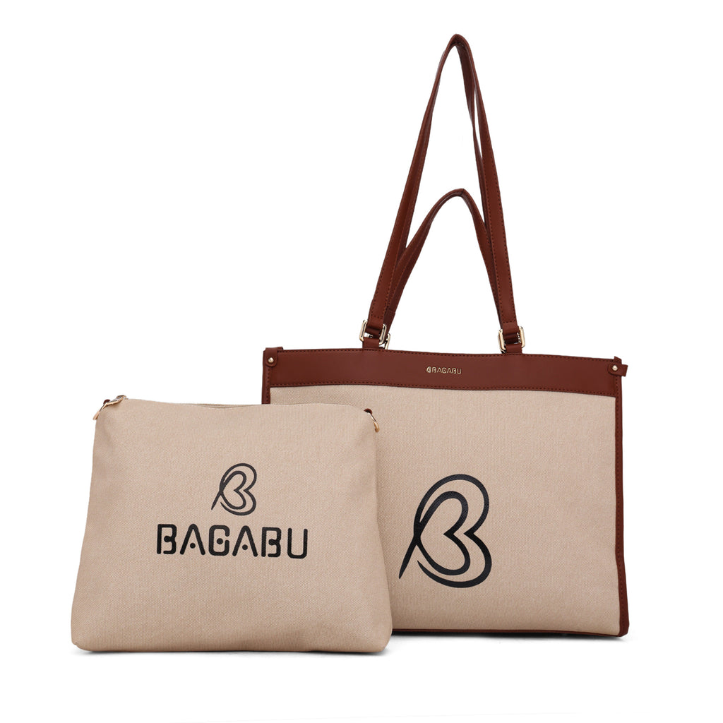 Carryall Spacious Linen Fabric Handbag (Beige & Brown)