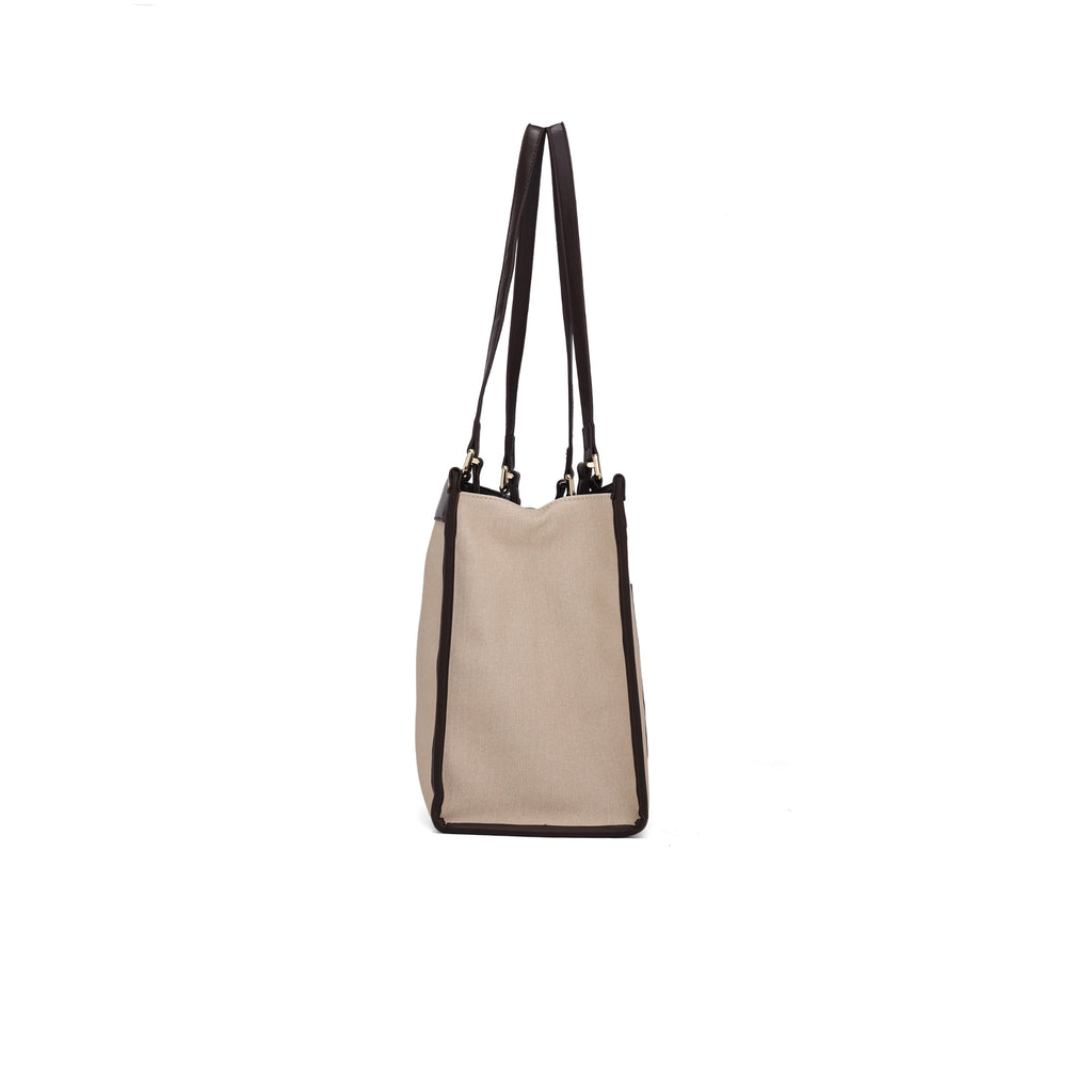 Carryall Spacious Linen Fabric Handbag (Beige & Coffee)