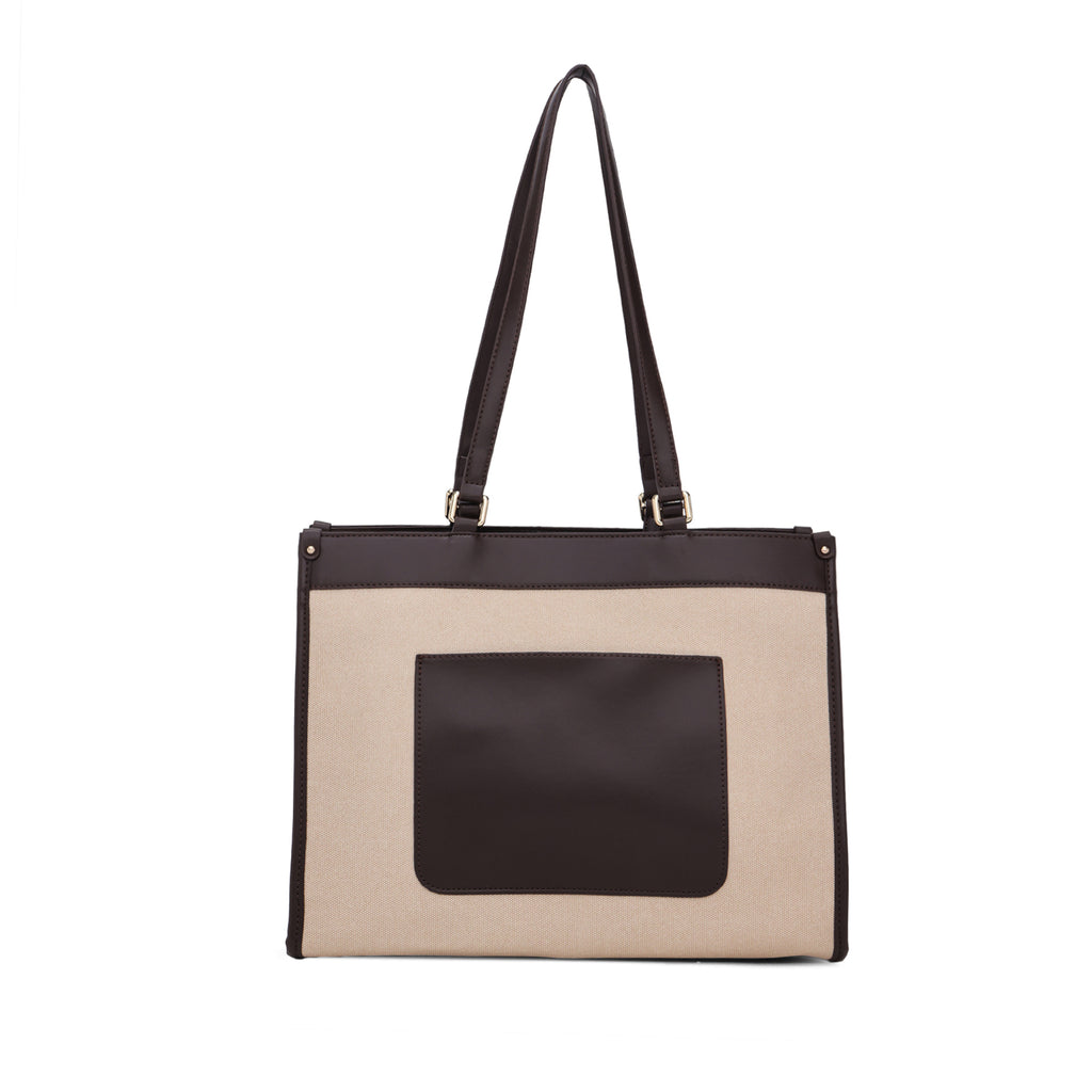 Carryall Spacious Linen Fabric Handbag (Beige & Coffee)