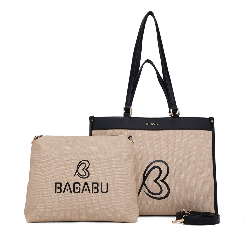 Carryall Spacious Linen Fabric Handbag (Beige & Black)