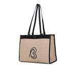 Carryall Spacious Linen Fabric Handbag (Beige & Black)