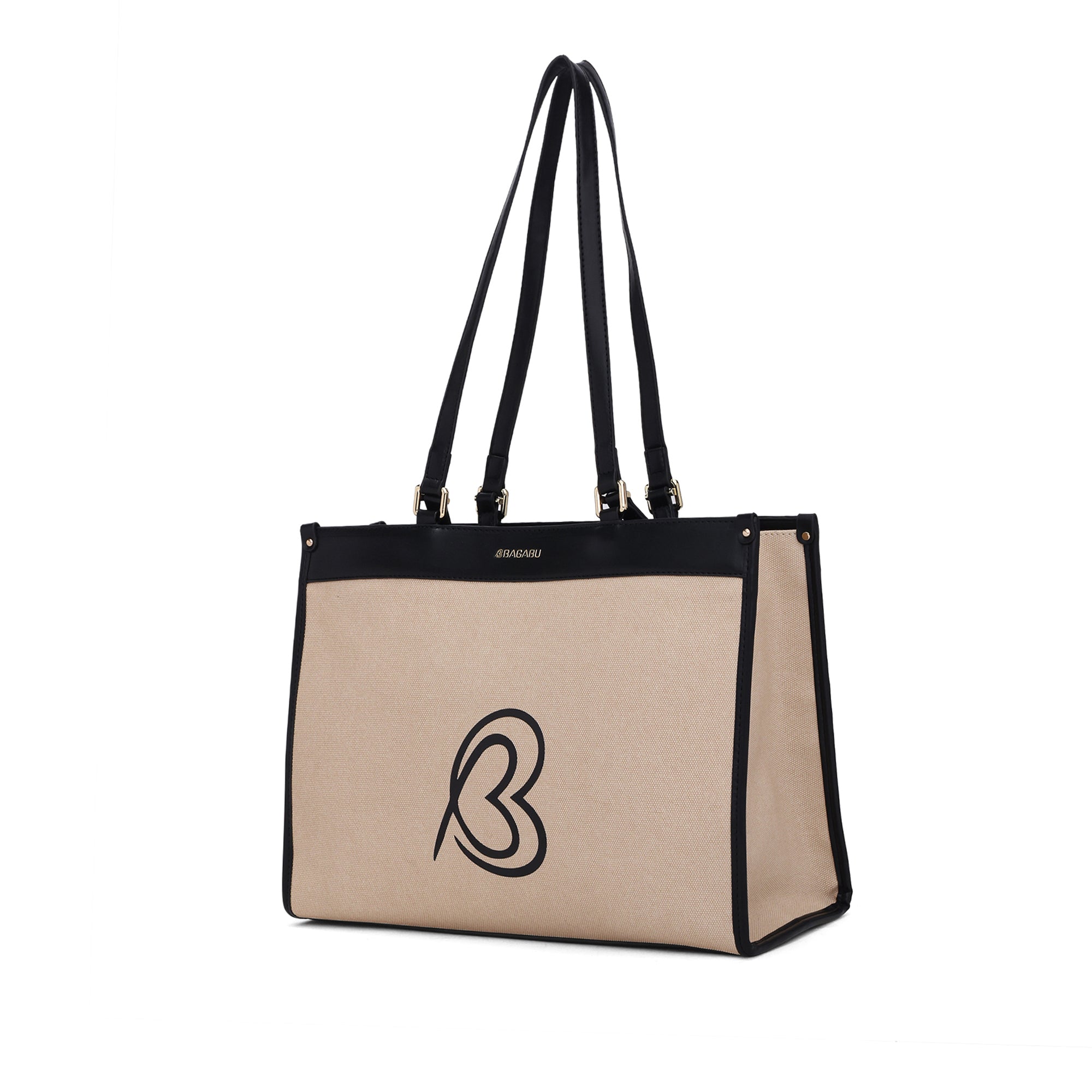 Carryall Spacious Linen Fabric Handbag (Beige & Black)