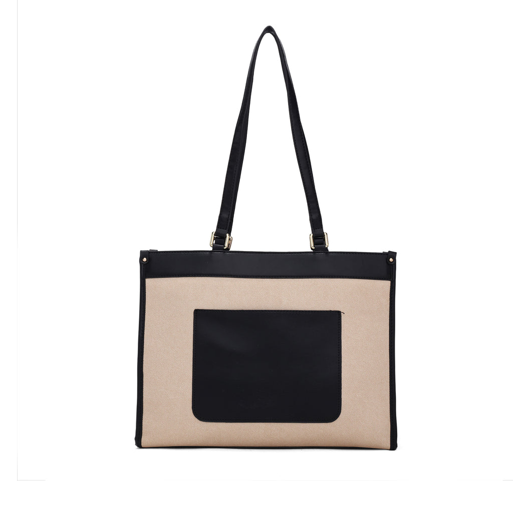 Carryall Spacious Linen Fabric Handbag (Beige & Black)