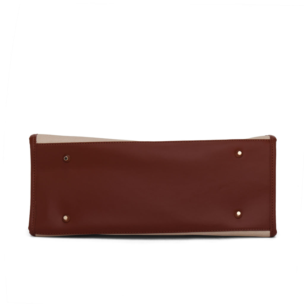 Carryall Spacious Linen Fabric Handbag (Beige & Brown)