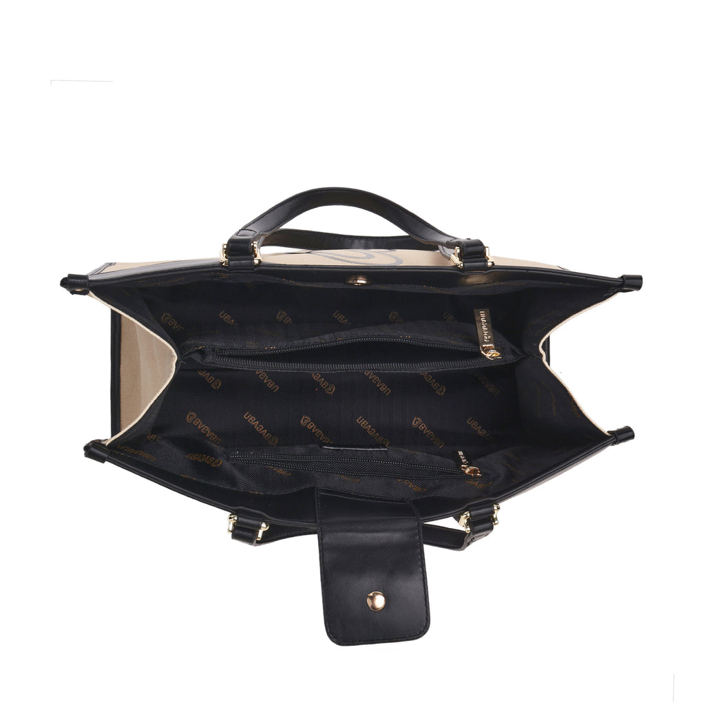 Carryall Spacious Linen Fabric Handbag (Beige & Black)