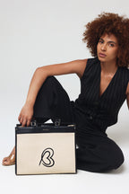 Carryall Spacious Linen Fabric Handbag (Beige & Black)