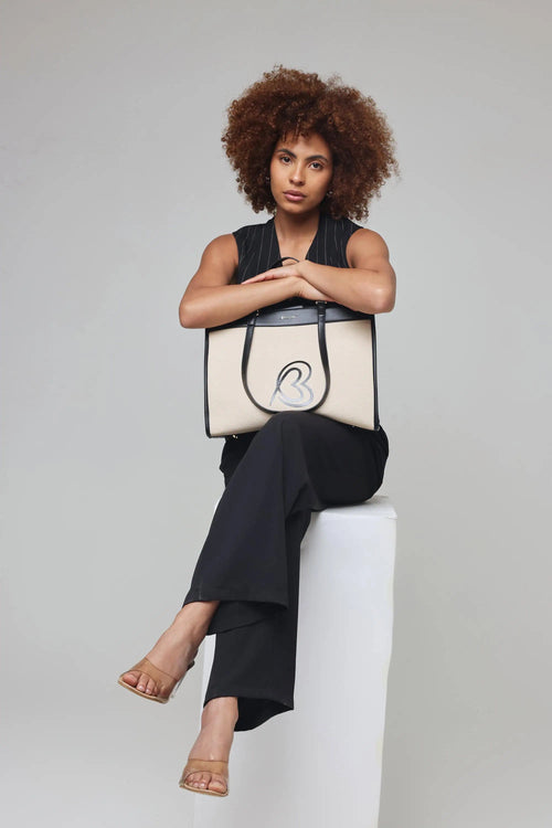 Bagabu Designer-Inspired Linen Fabric Tote (Beige & Black)