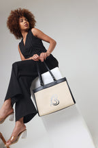Carryall Spacious Linen Fabric Handbag (Beige & Black)