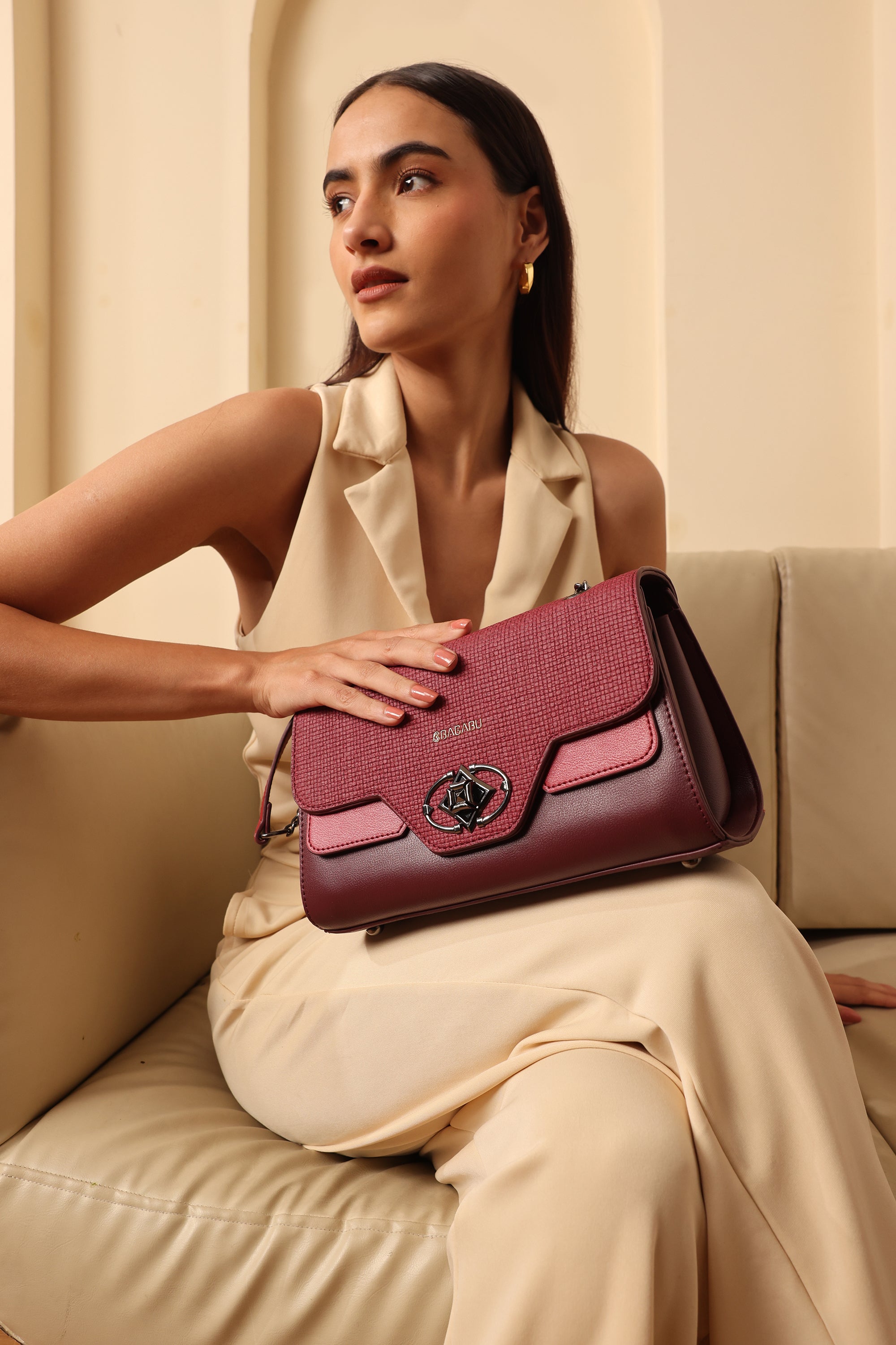 Weave Textured Vegan Leather Premium Handbag (burgundy)