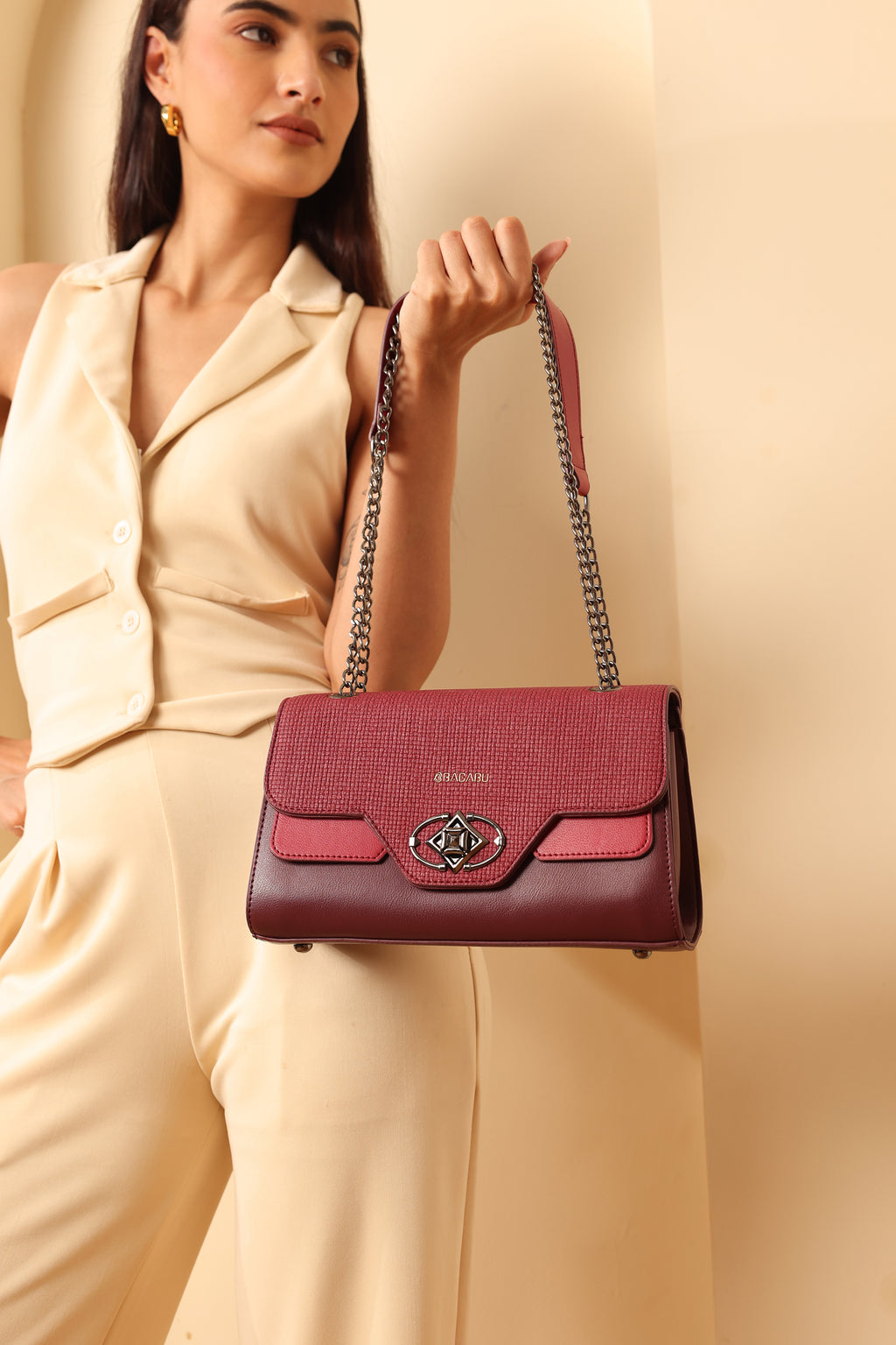 Weave Textured Vegan Leather Premium Handbag (burgundy)