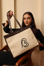 Carryall Spacious Linen Fabric Handbag (Beige & Coffee)