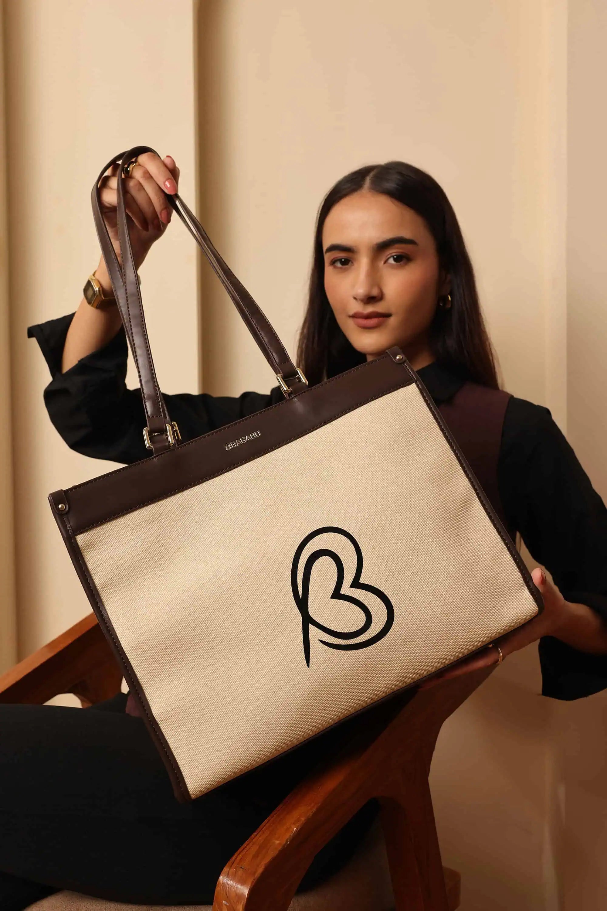Bagabu Designer-Inspired Linen Fabric Tote (Beige & Coffee)