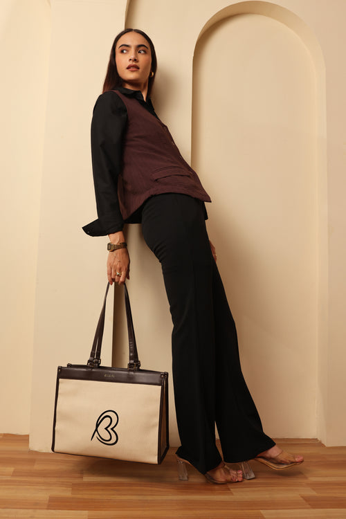 Carryall Spacious Linen Fabric Handbag (Beige & Coffee)