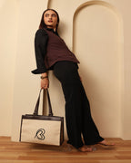 Carryall Spacious Linen Fabric Handbag (Beige & Coffee)