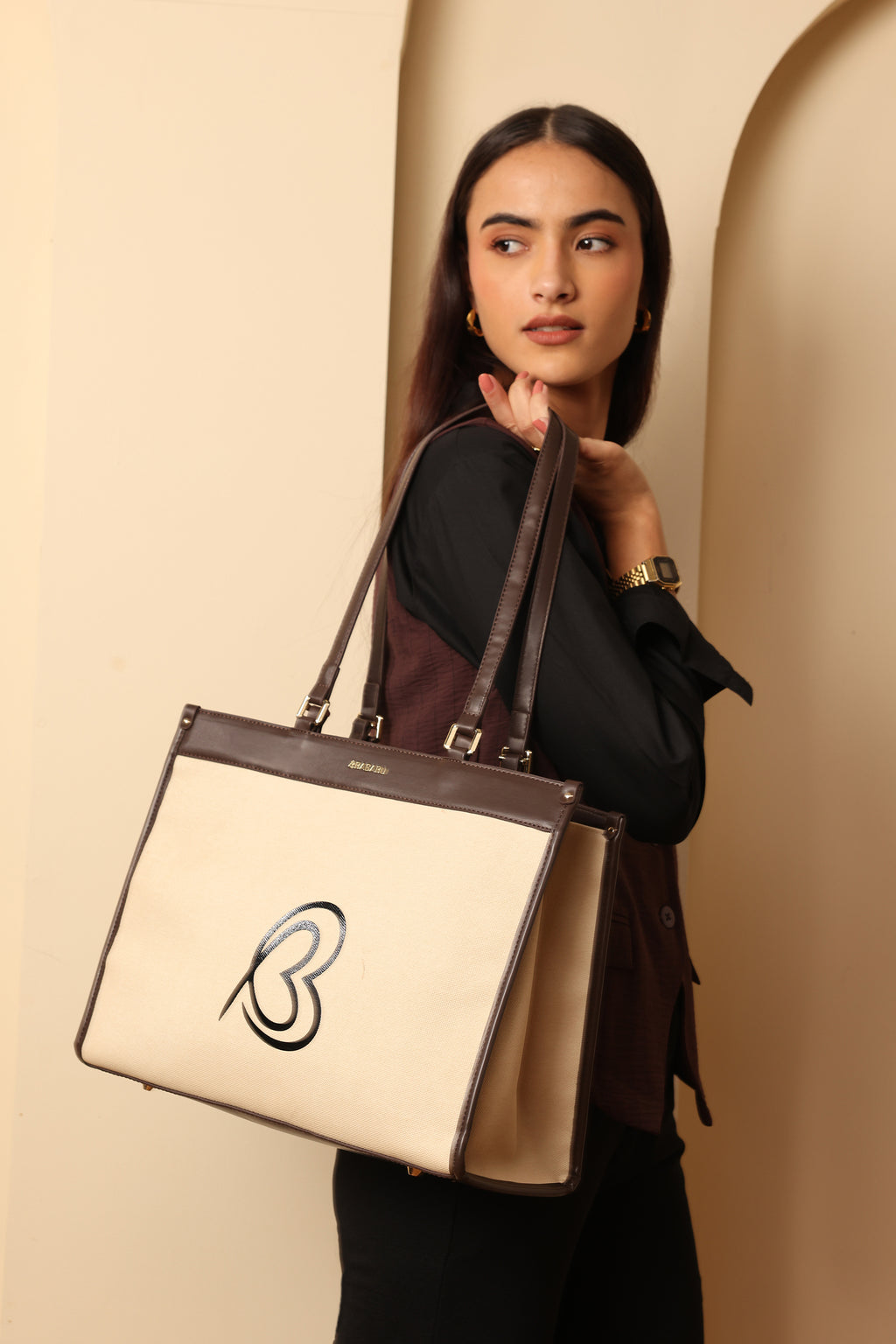 Carryall Spacious Linen Fabric Handbag (Beige & Coffee)