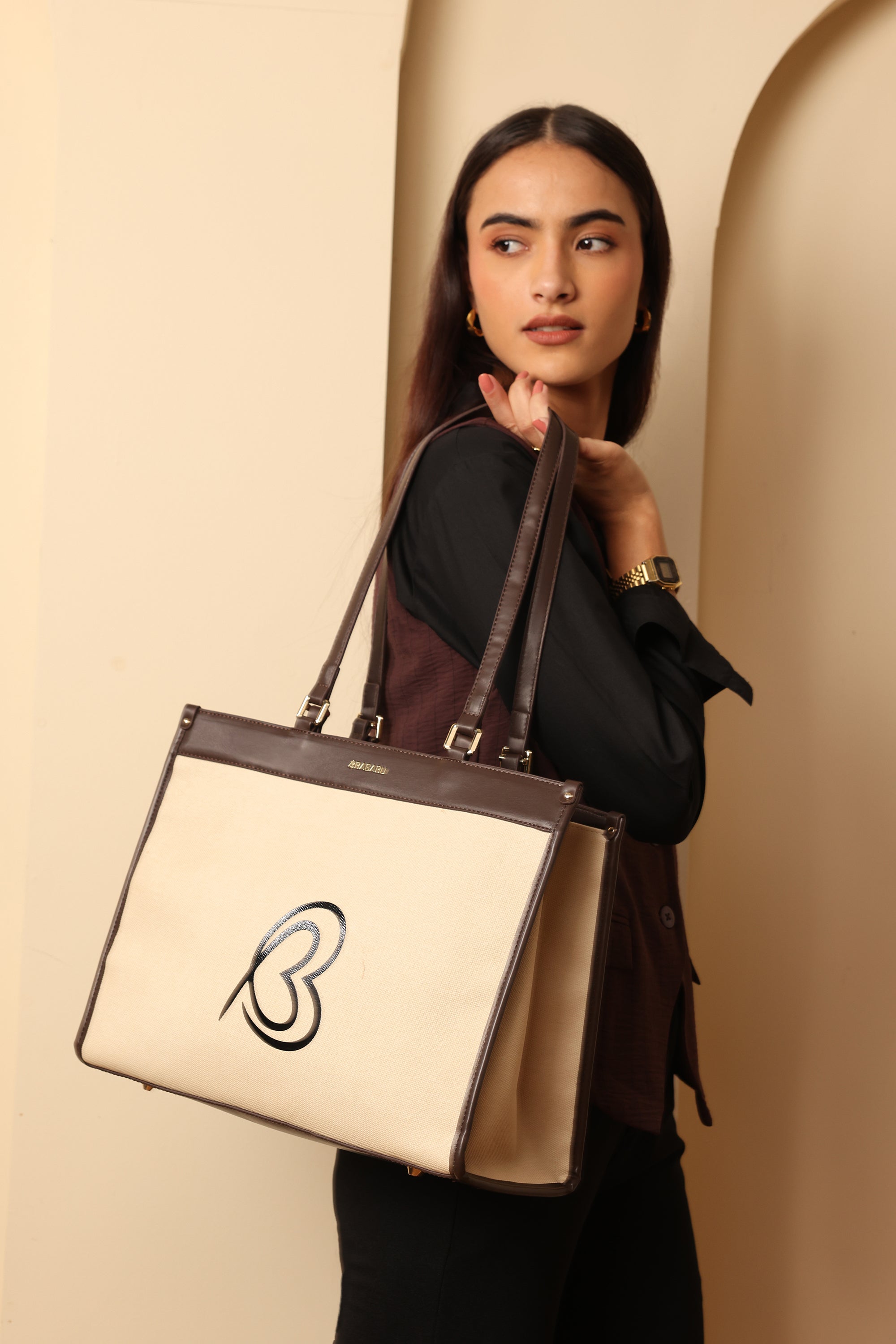 Carryall Spacious Linen Fabric Handbag (Beige & Coffee)