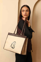 Bagabu Designer-Inspired Linen Fabric Tote (Beige & Coffee)