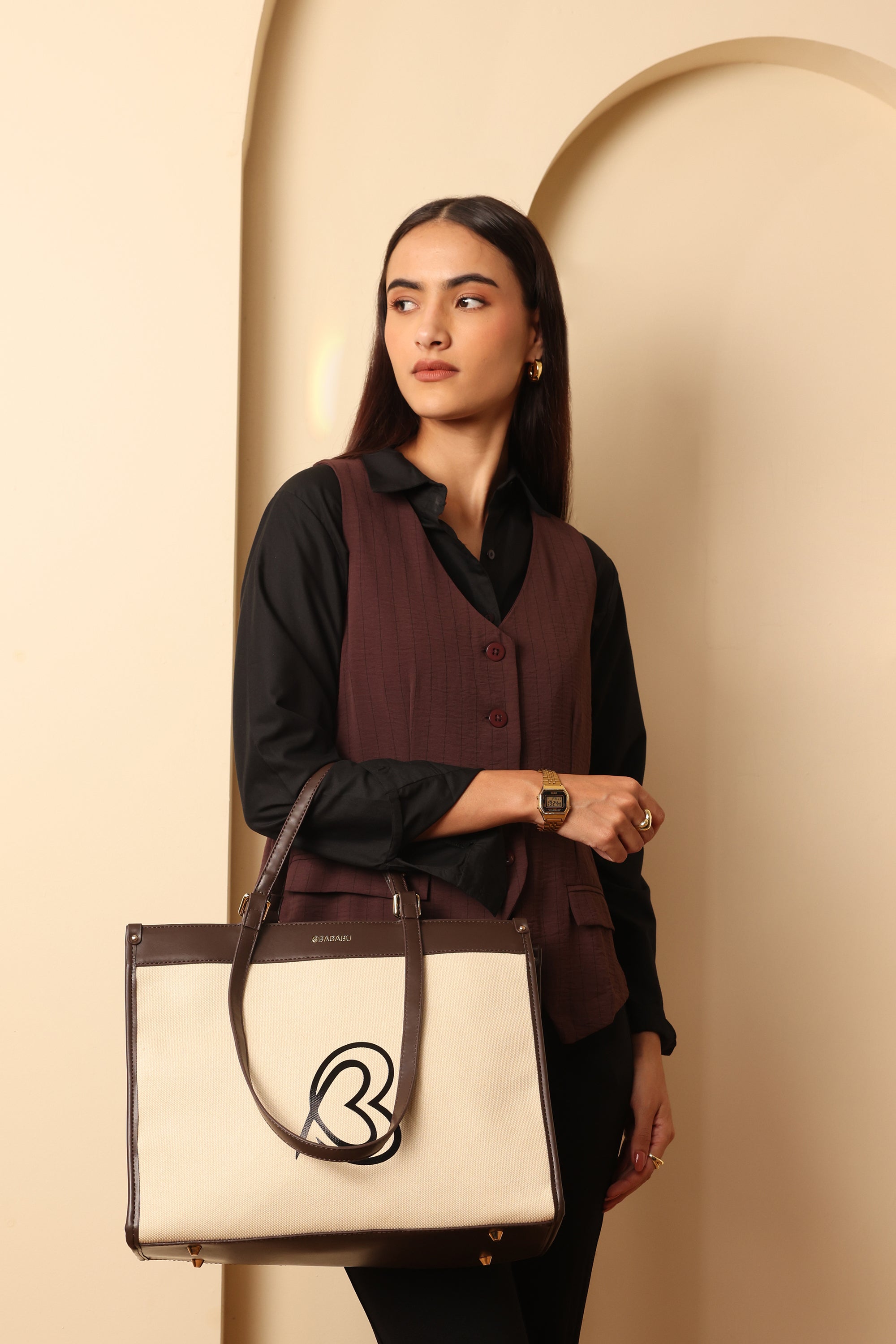 Carryall Spacious Linen Fabric Handbag (Beige & Coffee)