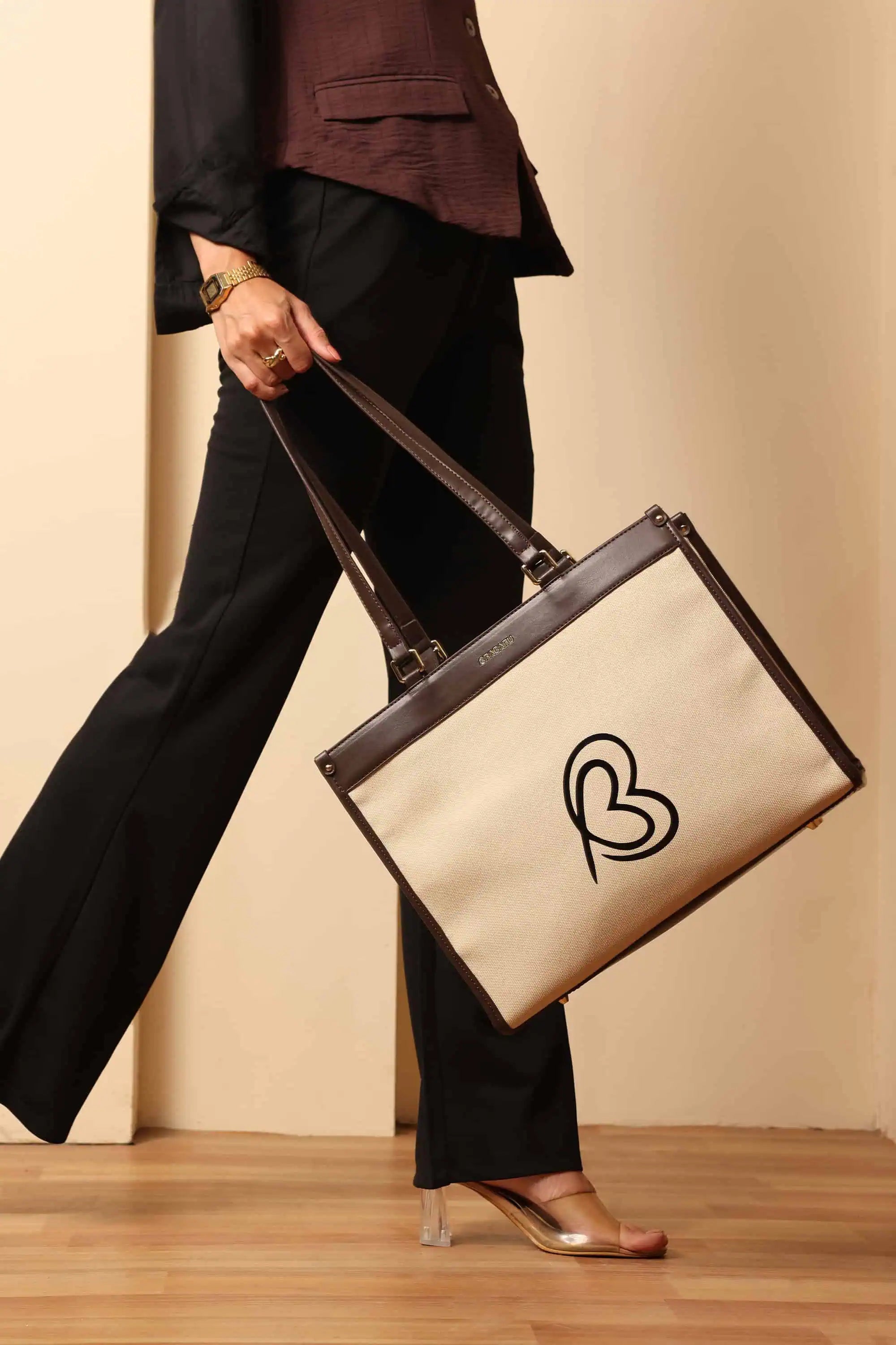 Bagabu Designer-Inspired Linen Fabric Tote (Beige & Coffee)