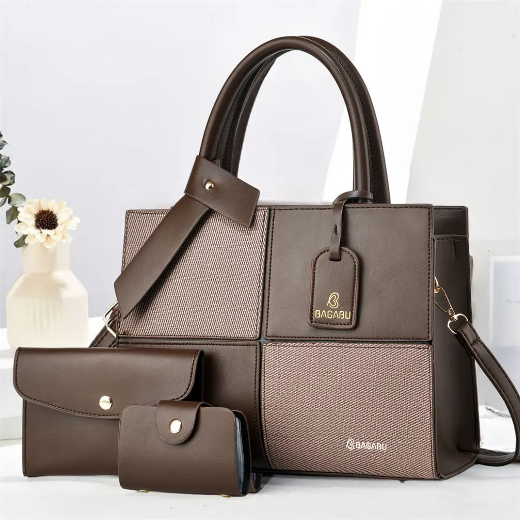 Quadra Luxe Premium Vegan Leather Tote Set (brown)