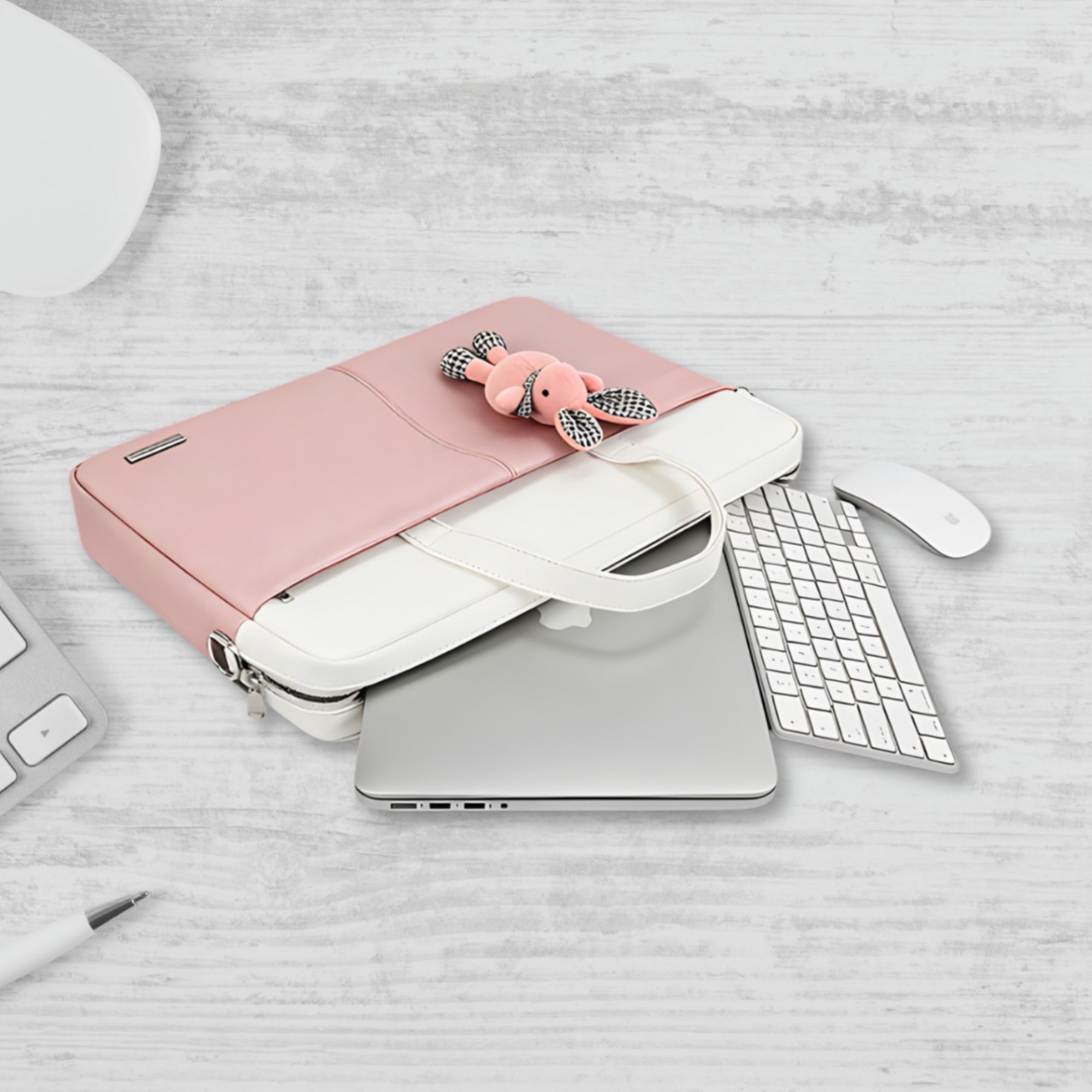 Apex PU Leather Laptop Bag with Strap (Pink & White)
