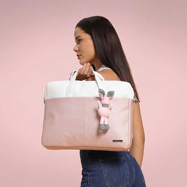Apex PU Leather Laptop Bag with Strap (Pink & White)