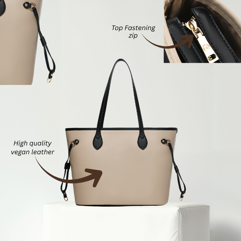 Elara Vegan Leather Tote Bag (Khaki)