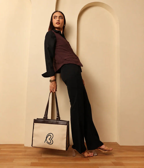Bagabu Designer-Inspired Linen Fabric Tote (Beige & Coffee)