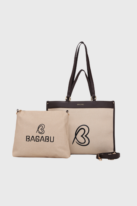 Bagabu Designer-Inspired Linen Fabric Tote (Beige & Coffee)