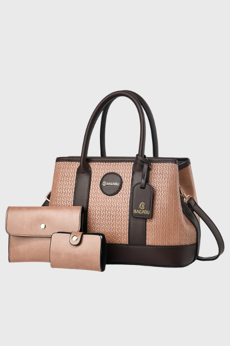 BAGABU Women's Premium Textured Vegan Leather Handbag Set with Wallet & Pouch (Pink)