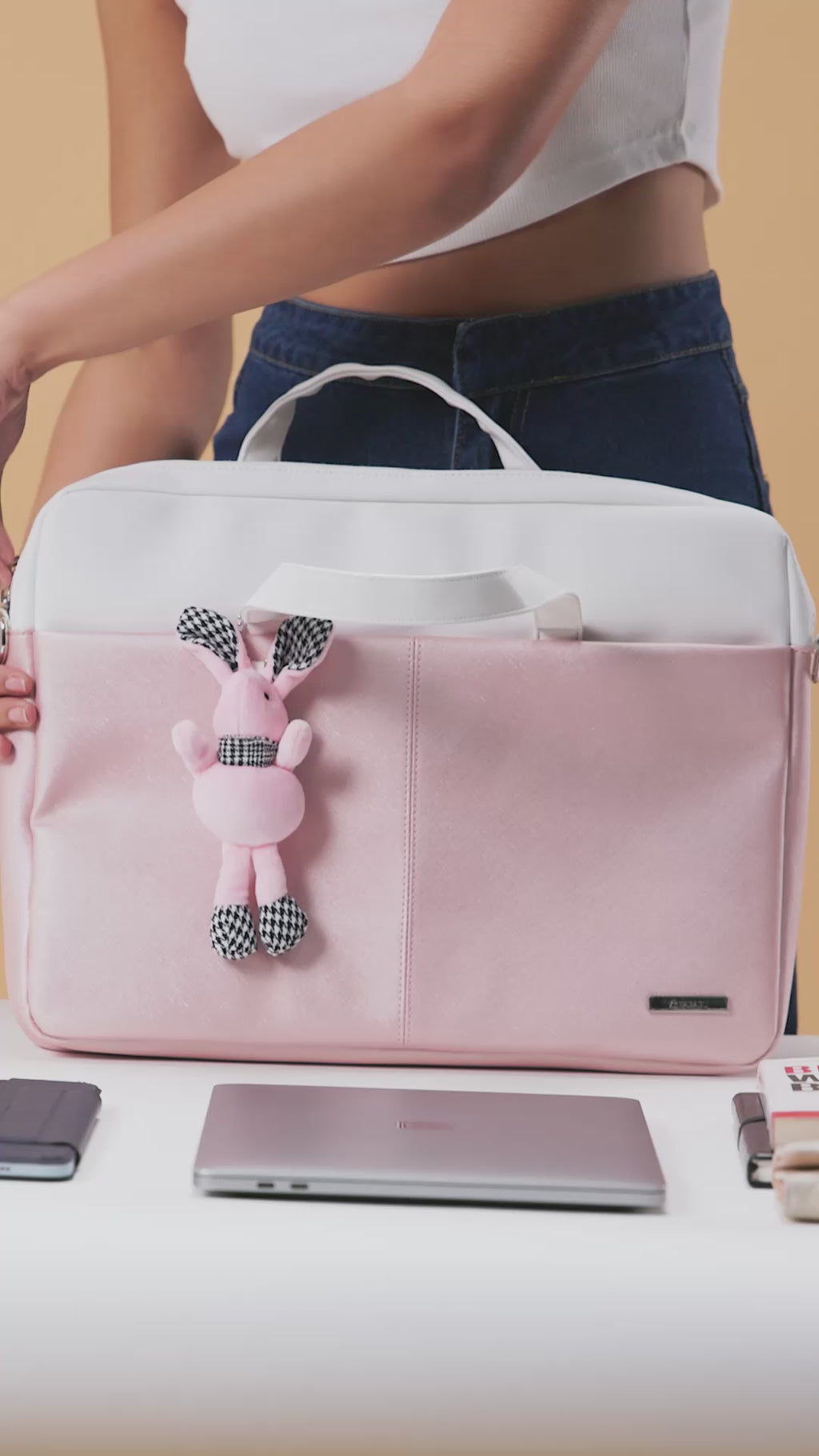 Apex PU Leather Laptop Bag with Strap (Pink & White)