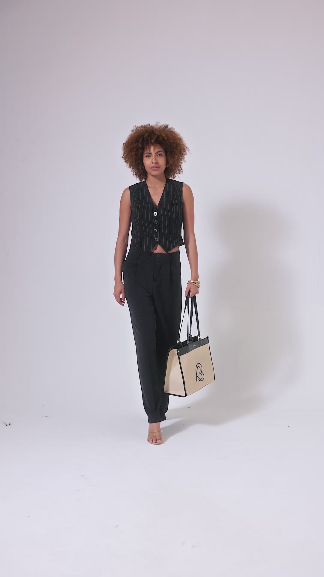 Carryall Spacious Linen Fabric Handbag (Beige & Black)